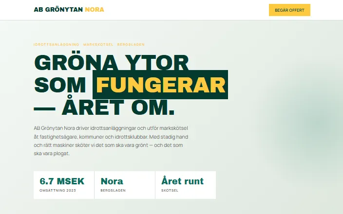 Skärmdump av AB Grönytan Noras hemsida