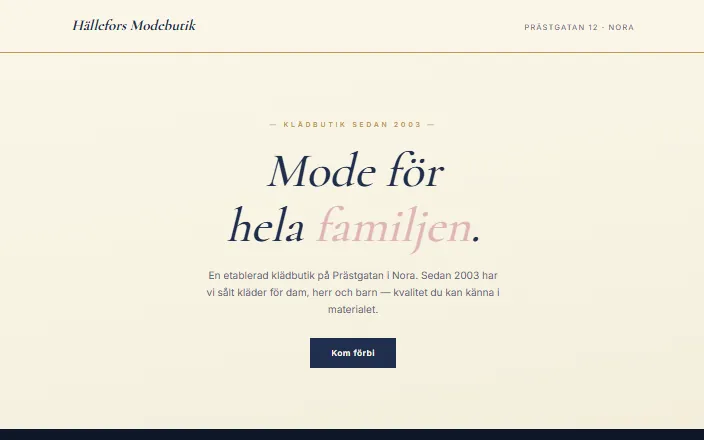 Skärmdump av Hällefors Modebutiks hemsida