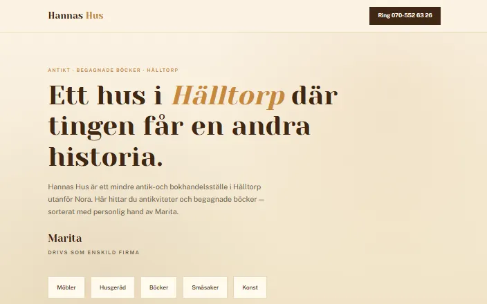 Skärmdump av Hannas Huss hemsida