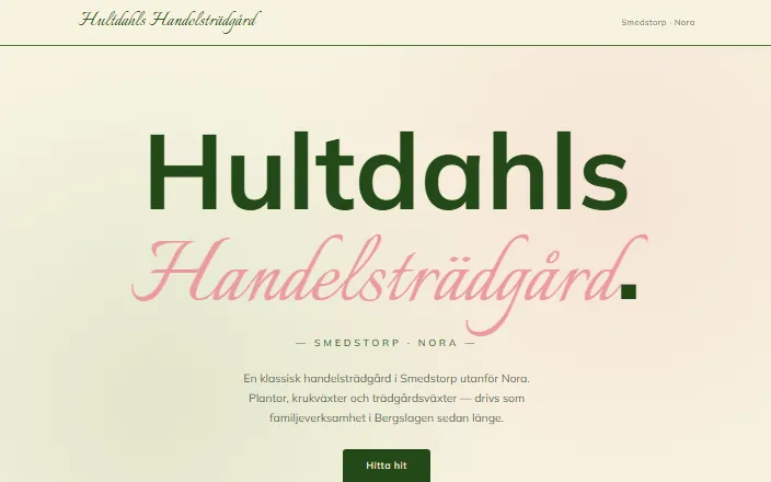 Skärmdump av Hultdahls Handelsträdgårds hemsida