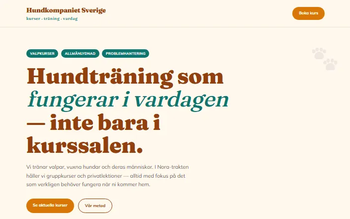 Skärmdump av Hundkompaniet Sveriges hemsida
