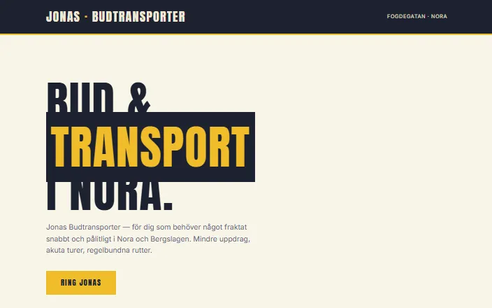 Skärmdump av Jonas Budtransporters hemsida