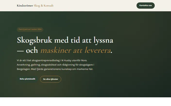 Skärmdump av Kindströmer Skog & Konsult ABs hemsida