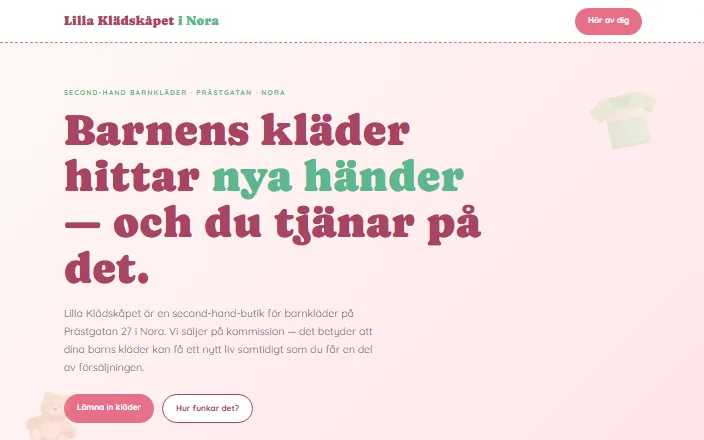 Skärmdump av Lilla Klädskåpet i Noras hemsida