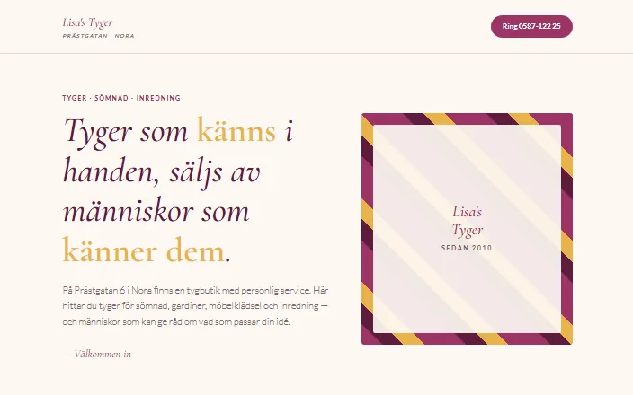 Skärmdump av Lisa's Tyger Noras hemsida