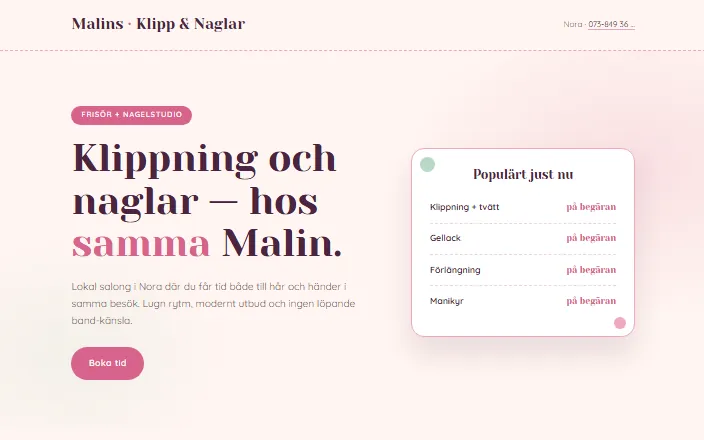 Skärmdump av Malins Klipp & Nagelstudios hemsida