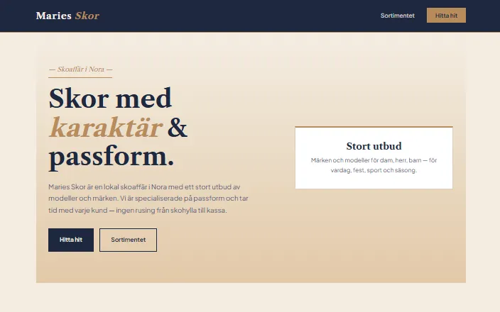 Skärmdump av Maries Skors hemsida