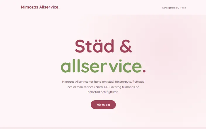 Skärmdump av Mimozas Allservices hemsida