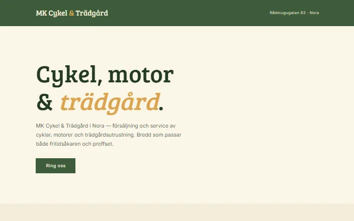 Skärmdump av MK Cykel & Trädgårds hemsida