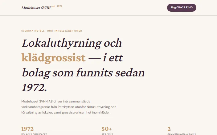 Skärmdump av Modehuset SVHH ABs hemsida