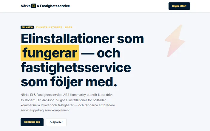 Skärmdump av Närke El & Fastighetsservice ABs hemsida
