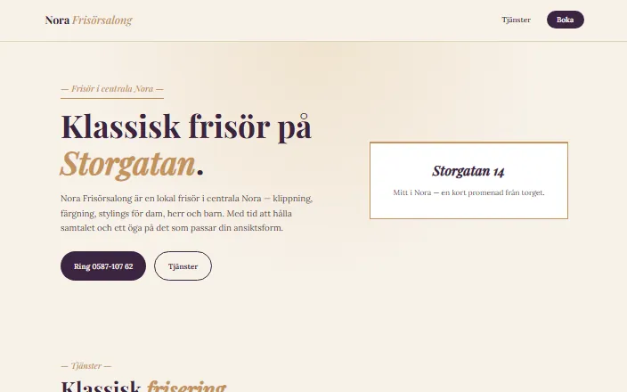 Skärmdump av Nora Frisörsalongs hemsida