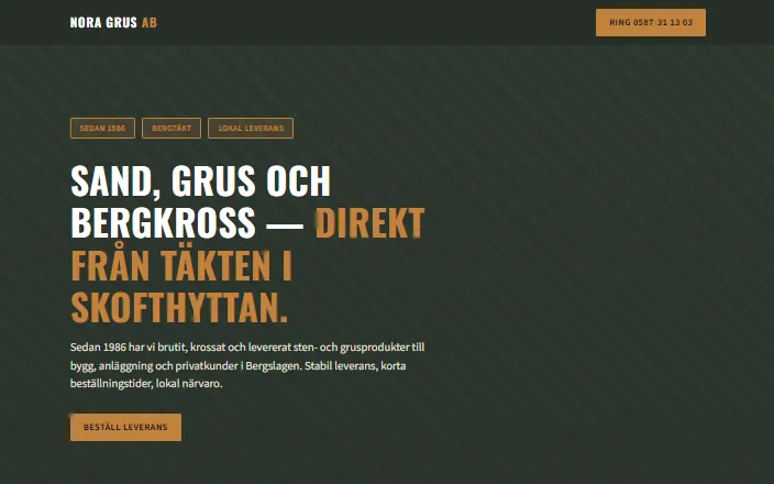 Skärmdump av Nora Grus ABs hemsida