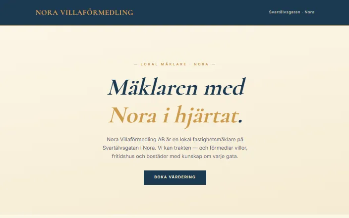 Skärmdump av Nora Villaförmedlings hemsida