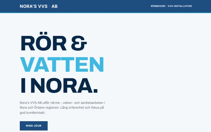 Skärmdump av Nora's VVS ABs hemsida