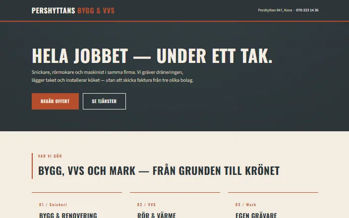 Skärmdump av Pershyttans Bygg & VVSs hemsida
