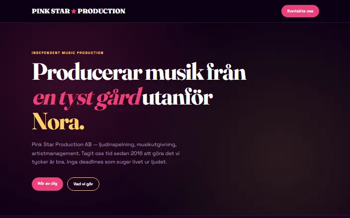 Skärmdump av Pink Star Production ABs hemsida
