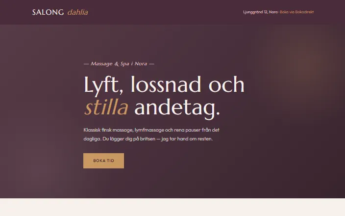 Skärmdump av Salong Dahlias hemsida