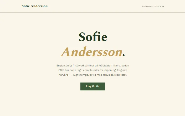 Skärmdump av Sofie Anderssons hemsida