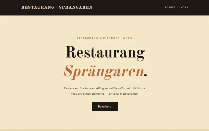 Skärmdump av Restaurang Sprängarens hemsida