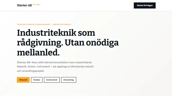 Skärmdump av Stavtec ABs hemsida