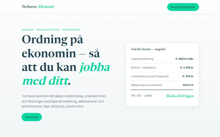 Skärmdump av Techavec Ekonomi ABs hemsida