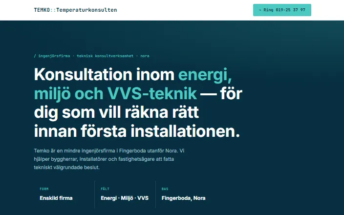 Skärmdump av Temkos hemsida