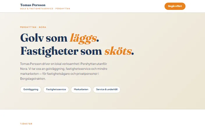 Skärmdump av Tomas Persson Golv & Fastighetsservices hemsida