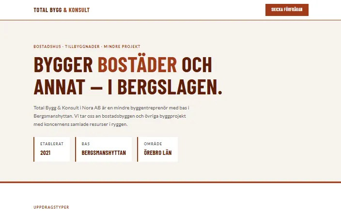 Skärmdump av Total Bygg & Konsult i Nora ABs hemsida