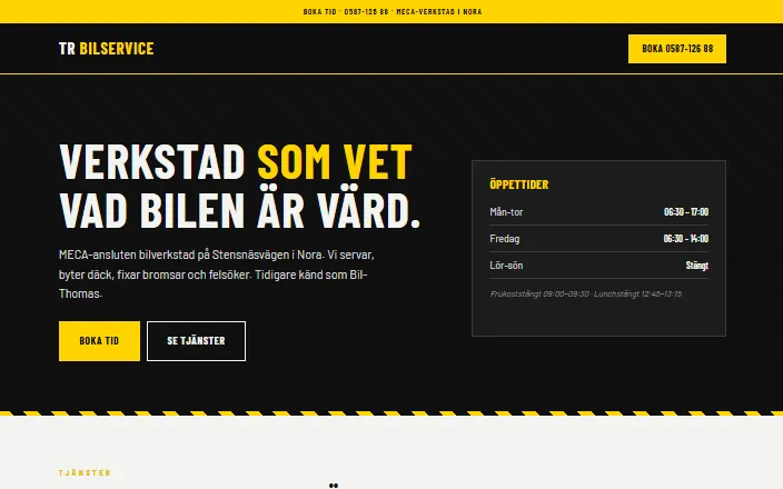 Skärmdump av TR Bilservices hemsida