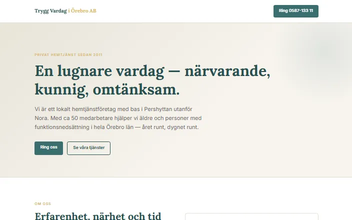 Skärmdump av Trygg Vardag i Örebro ABs hemsida