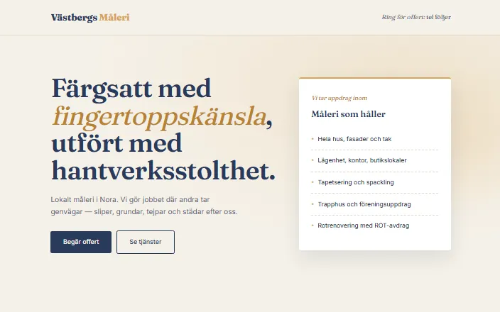 Skärmdump av Västbergs Måleris hemsida