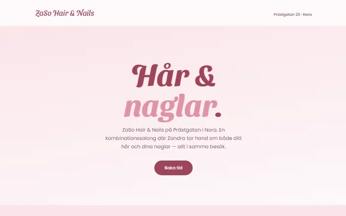 Skärmdump av ZaSo Hair & Nailss hemsida