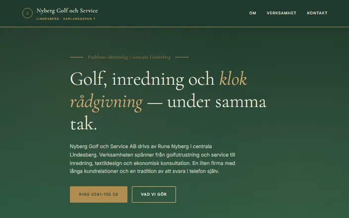 Skärmdump av Nyberg Golf och Services hemsida