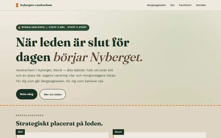 Skärmdump av Nybergets vandrarhems hemsida
