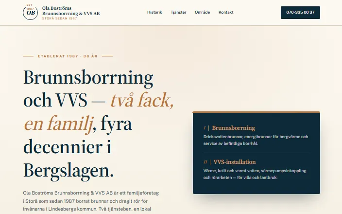 Skärmdump av Ola Boströms Brunnsborrning & VVS ABs hemsida