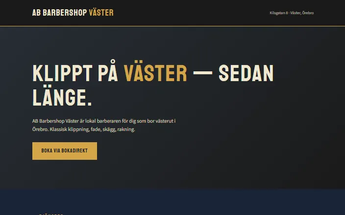 Skärmdump av AB Barbershop Västers hemsida
