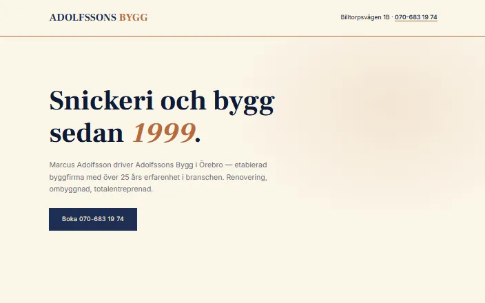 Skärmdump av Adolfssons Bygg i Örebro ABs hemsida