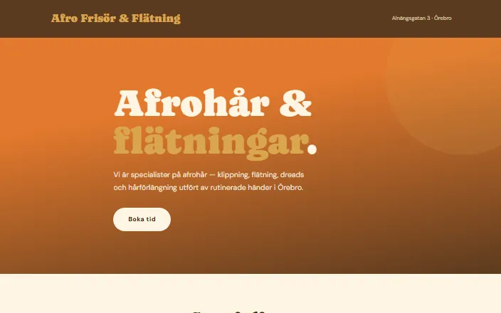 Skärmdump av Afro Frisör och Flätnings hemsida