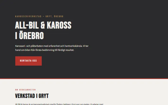 Skärmdump av All-Bil & Kaross i Örebros hemsida