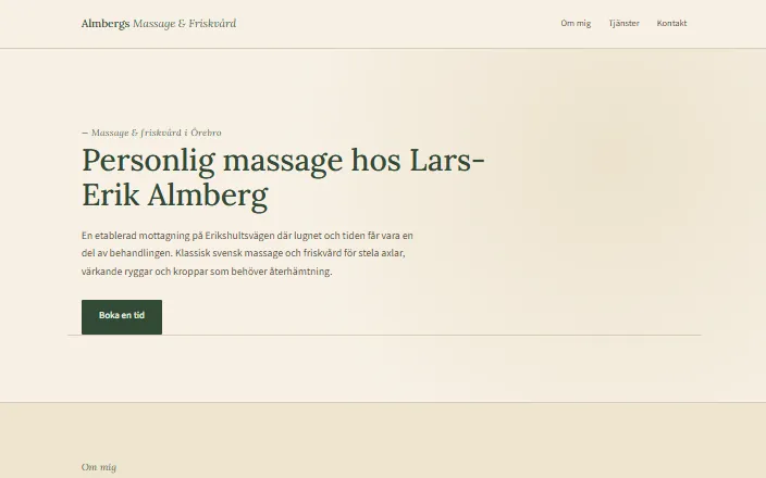 Skärmdump av Lars-Erik Almbergs Massage & Friskvårds hemsida