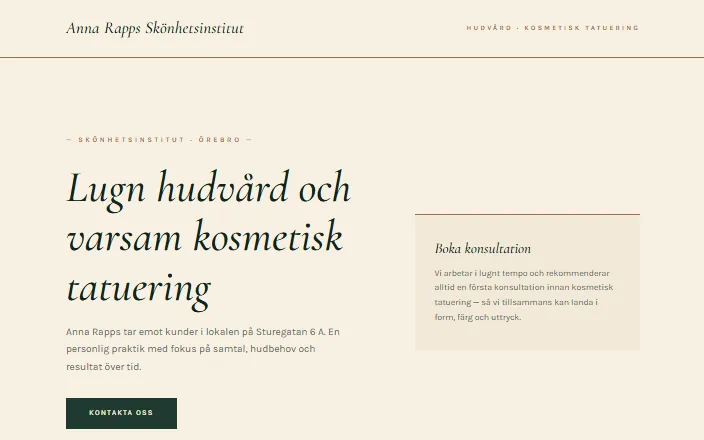 Skärmdump av Anna Rapps Skönhetsinstituts hemsida