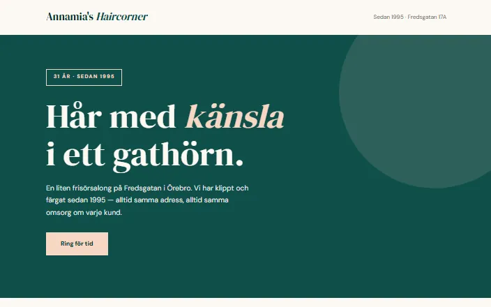 Skärmdump av Annamia's Haircorners hemsida