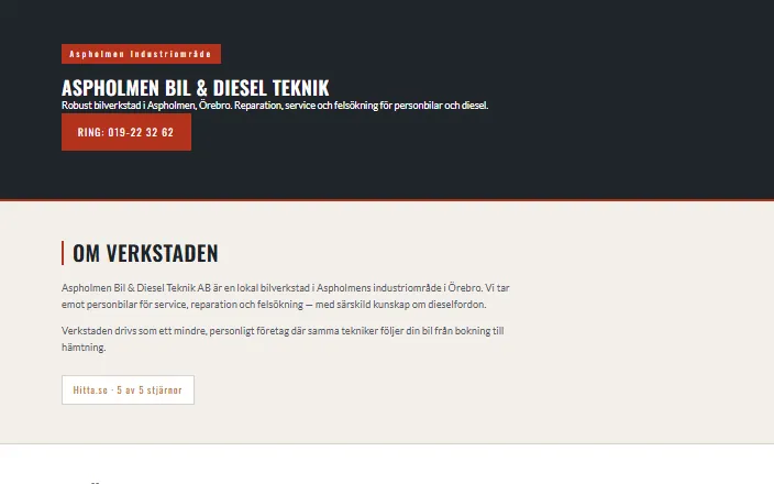 Skärmdump av Aspholmen Bil & Diesel Teknik ABs hemsida