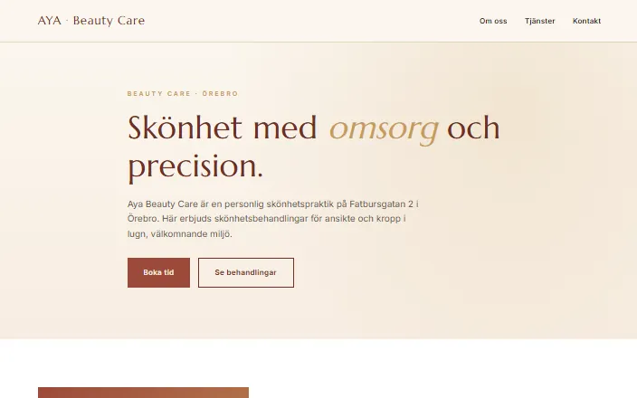 Skärmdump av Aya Beauty Cares hemsida