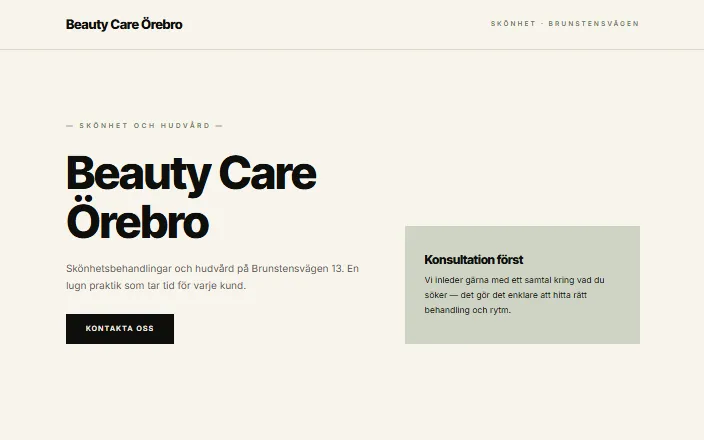 Skärmdump av Beauty Care Örebro ABs hemsida
