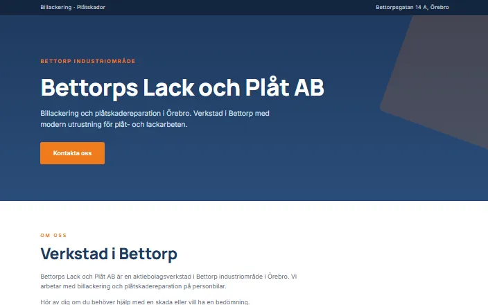 Skärmdump av Bettorps Lack och Plåt ABs hemsida