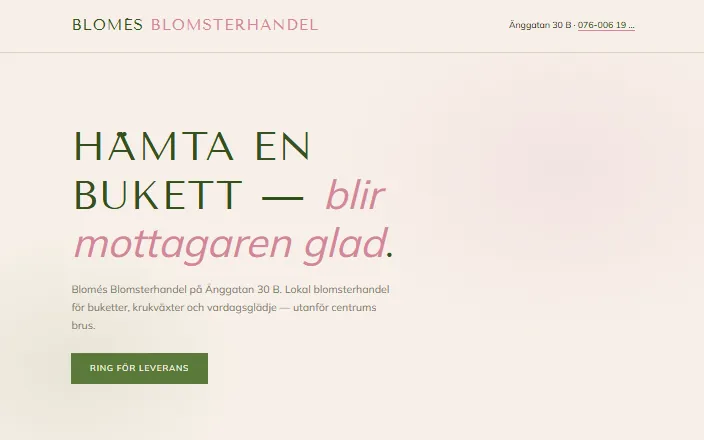 Skärmdump av Blomés Blomsterhandels hemsida