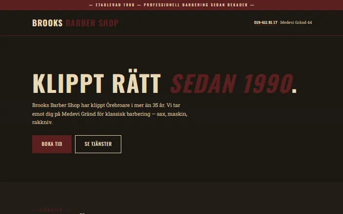 Skärmdump av Brooks Barber Shops hemsida
