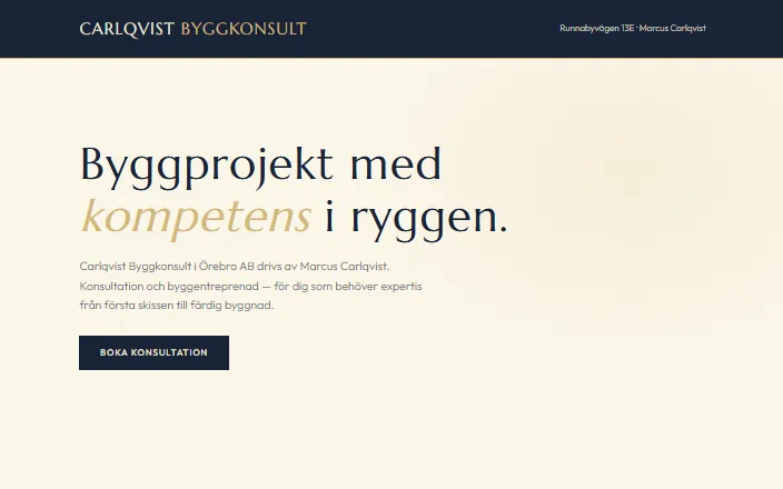 Skärmdump av Carlqvist Byggkonsults hemsida